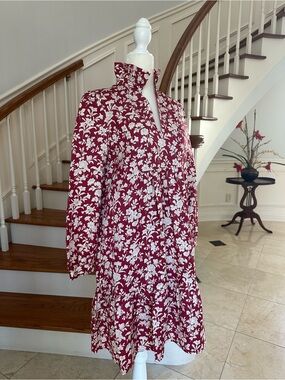 Tuckernuck Burgundy and White Floral Long Sleeve Tiered Dress New Witg Tags